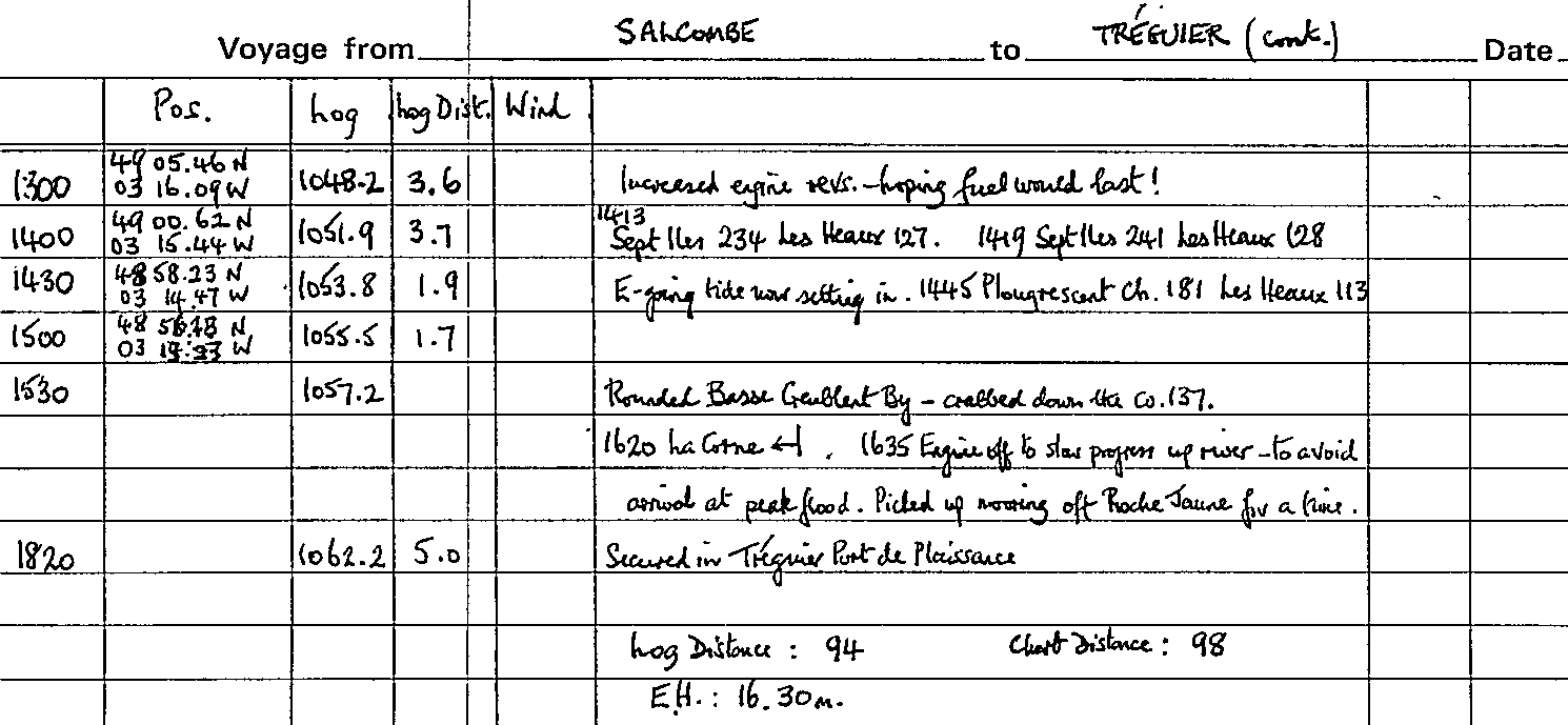 Log entries for voyage from Salcombe to Tréguier on Sun 16 July (continued)